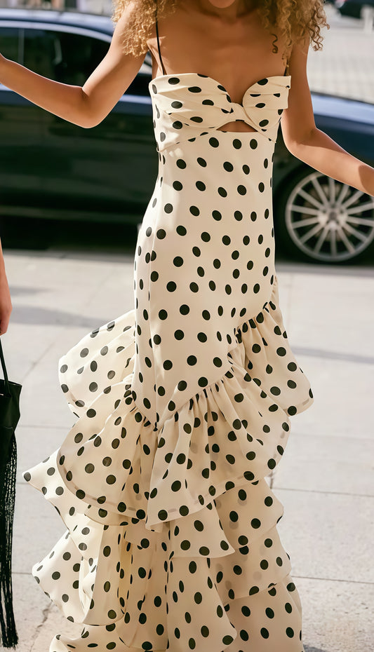 Strapless Mermaid Long Prom Dresses Dots Ruffle Sleeveless Party Dress,AST1874