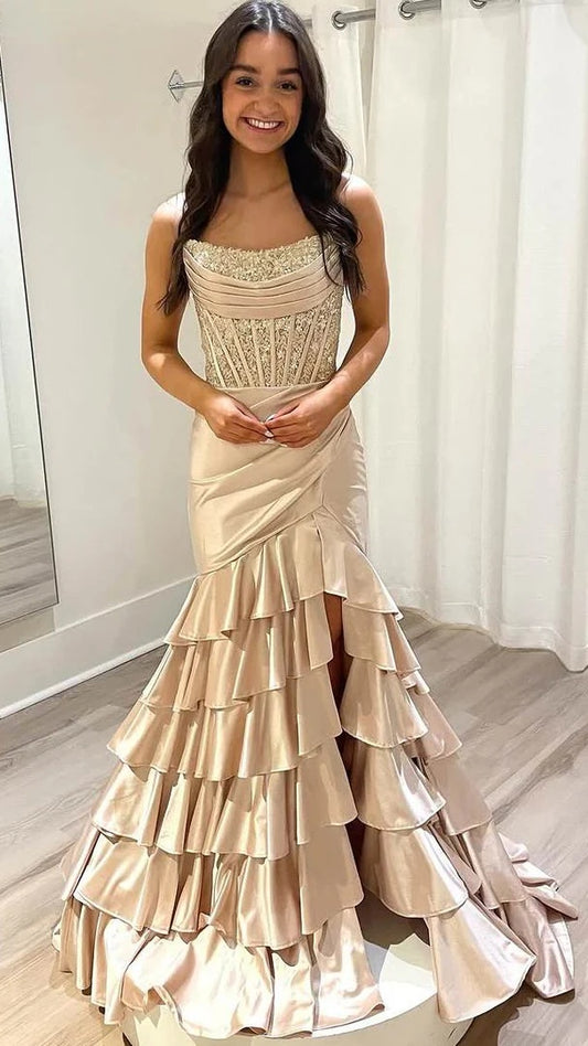 Strapless Mermaid Ruffle Prom Dresses Appliques Pleated Evening Party Dress,AST2208