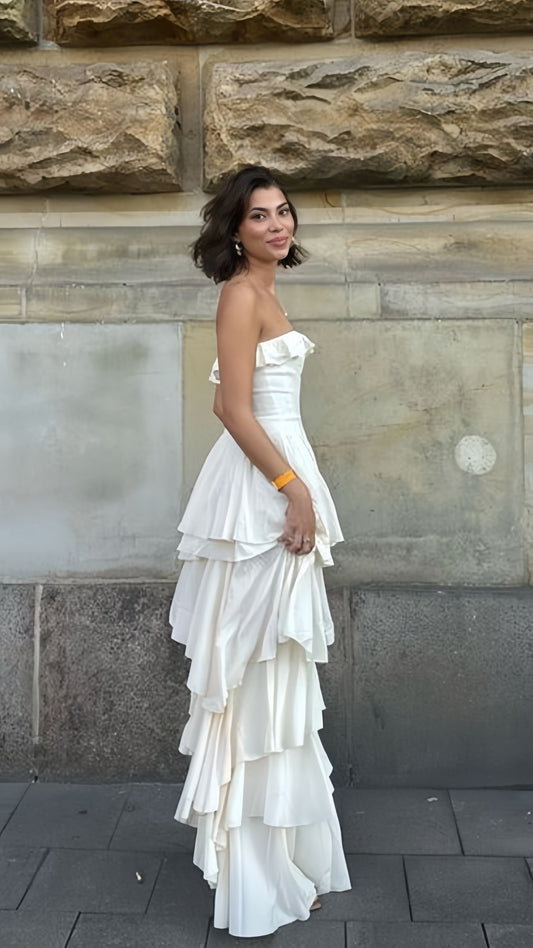 Strapless White Prom Dresses Ruffle Evening Party Dress,AST2224