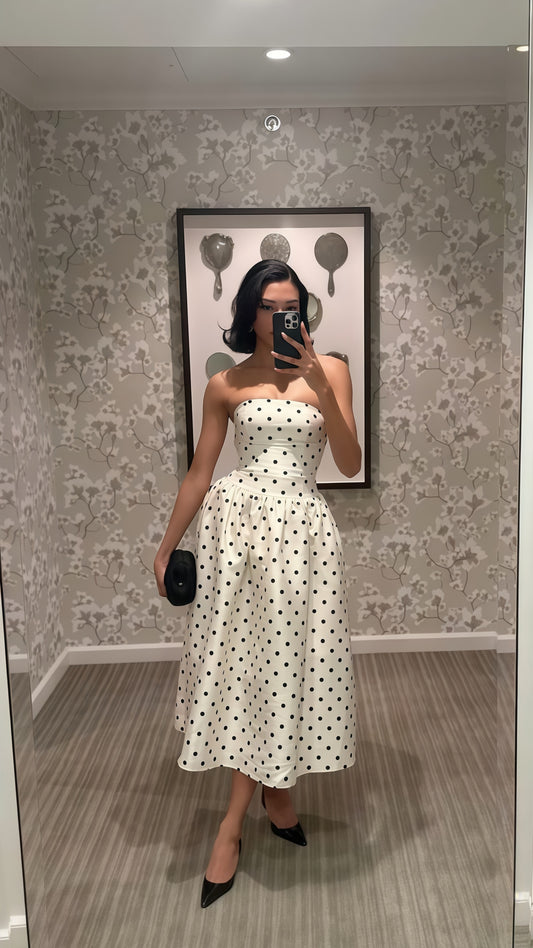 Strapless A-line Dots Party Dress Sleeveless Holiday Dresses,AST1877