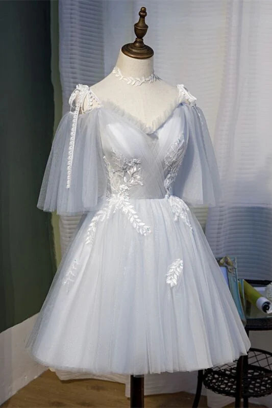 Straps Light Grey Short Tulle Homecoming Dress, AST1156