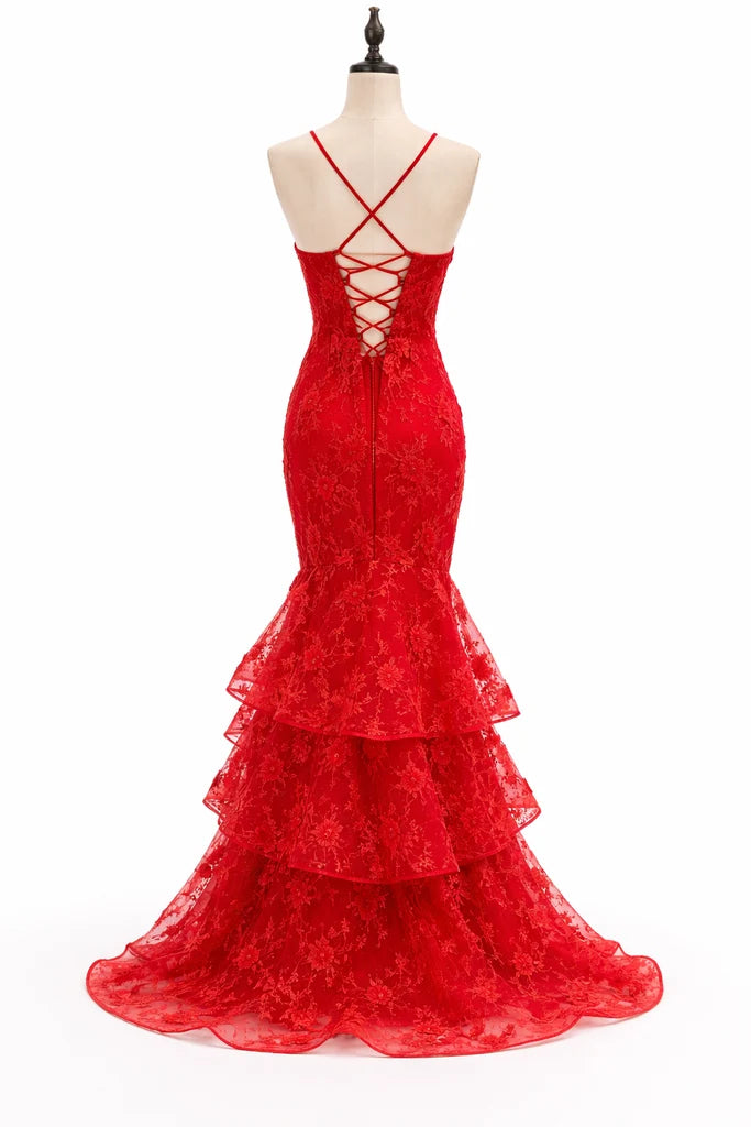 Stunning Red Floral Lace Mermaid Prom Dress with Tiered Ruffles, Evening Dress