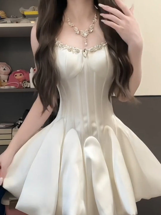 Sweet Ivory Beaded Homecoming Dresses A-line Satin Short Prom Dress, AST2042