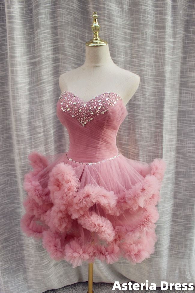 Sweetheart Pink Beaded Tulle Homecoming Dresses Ruffle Dance Dress