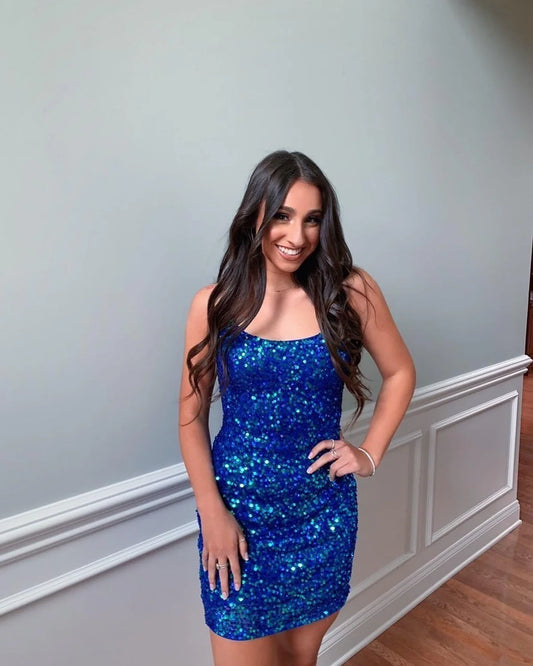 Tight Red Sequins Short Party Dress with Lace Up Back Homecoming dress , AST1148