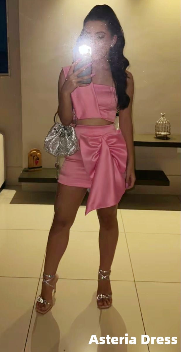 Two Pieces Pink Homecoming Dresses One Shoulder Bowknot School Dress
