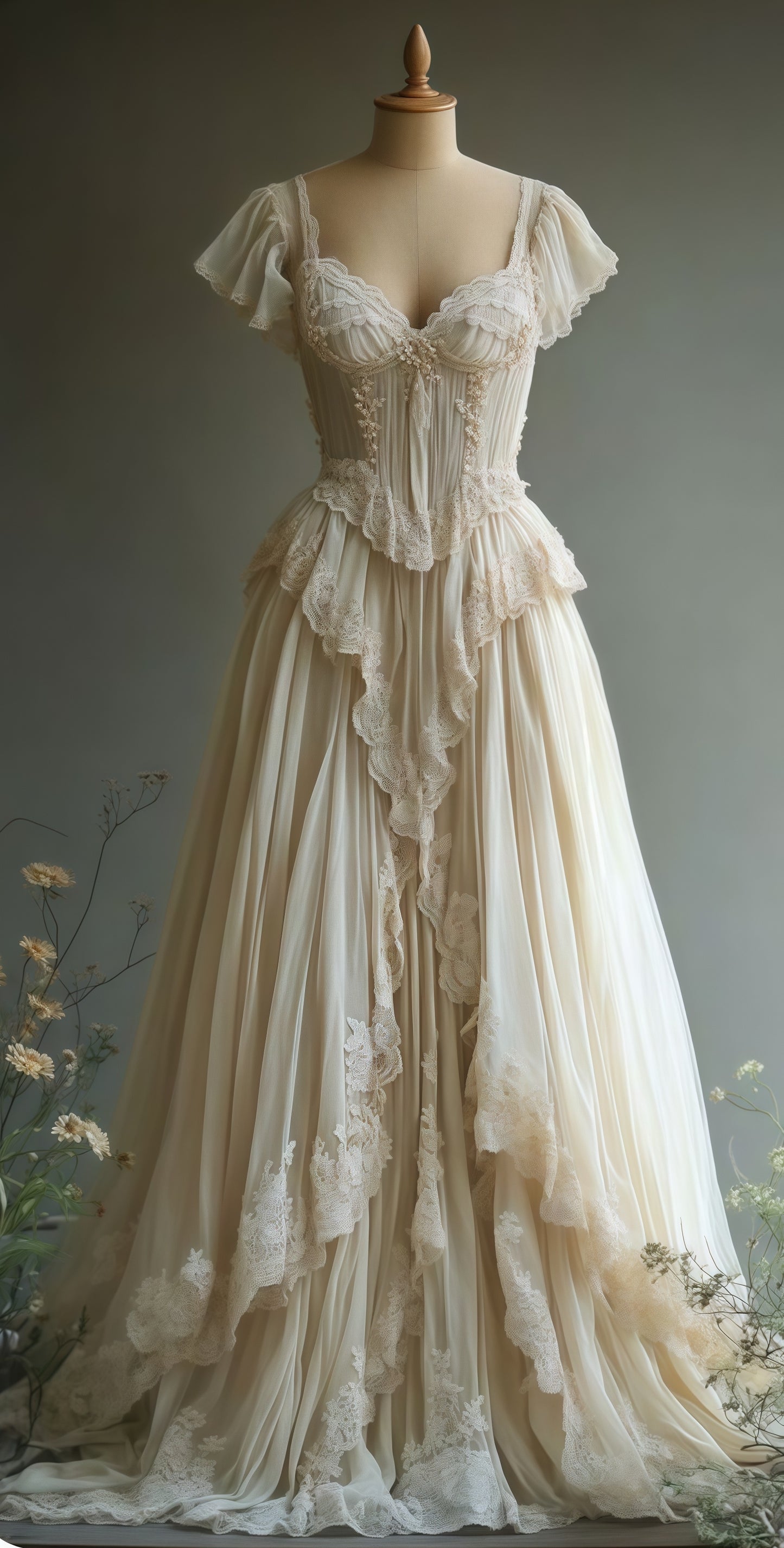 Vintage Lace Tulle Wedding Gown, Ruffles Sweetheart Bridal Dress, AST1739