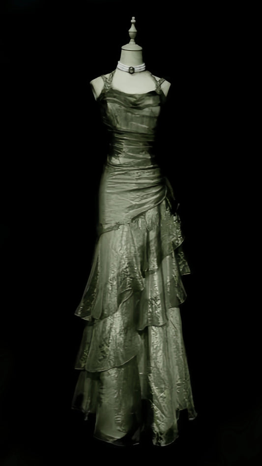 Vintage Organza Beaded Ruffle Long Prom Dresses Evening Gowns,AST2075