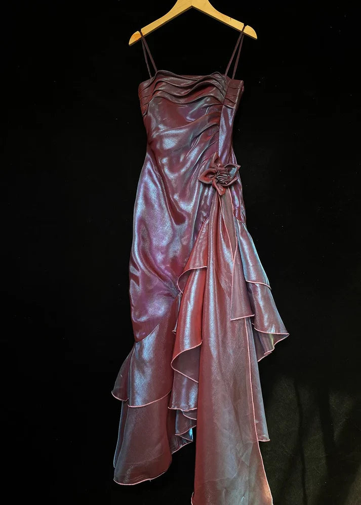 Vintage Spaghetti Straps Asymmetrical Midi Length Party Dress,AST2312
