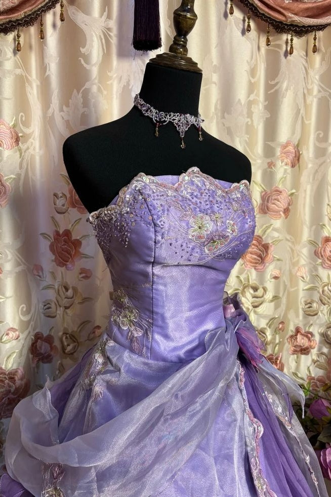 Vintage Sweet 16 Ball Gown Strapless Embroidery Lavender Organza Satin Long Prom Dress Formal Dress,AST2110