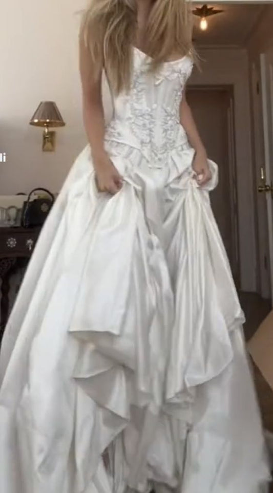 Vintage White Floral Beaded Wedding Dresses Split Bridal Gown, AST1921