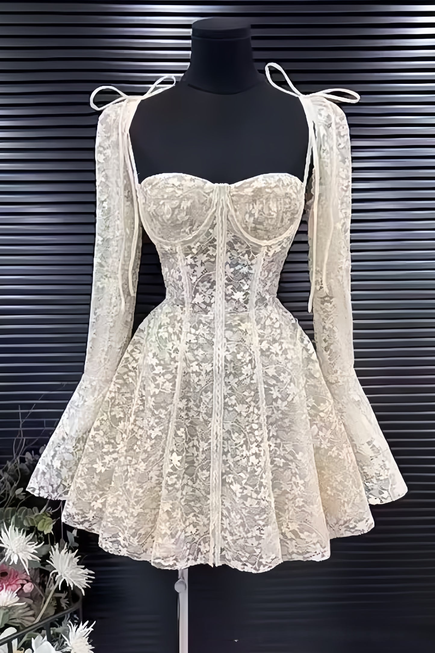 White Lace Homecoming Dresses A-line Hoco Party Dresses Long Sleeves Outfits,AST2004