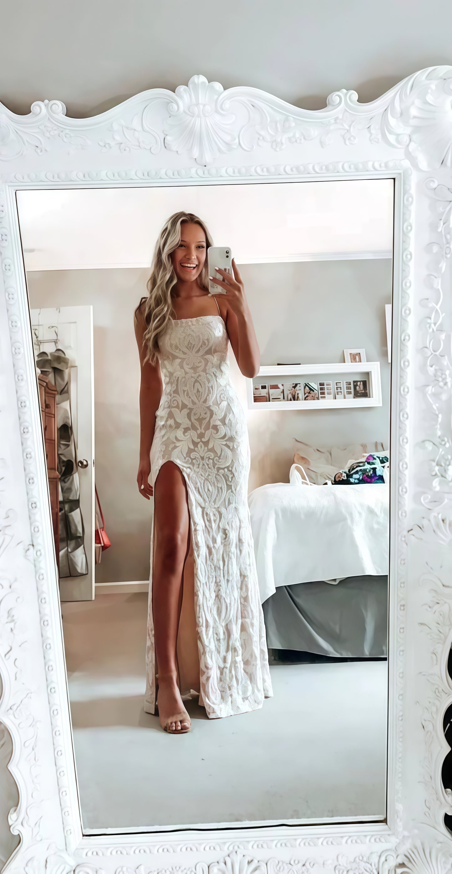 White Lace Strapless Wedding Dress, Sleeveless Party Dress, AST1739