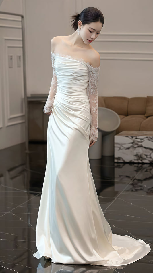 White Satin Lace Sheath Wedding Dresses, Long Sleeves Bridal Dress,AST1787