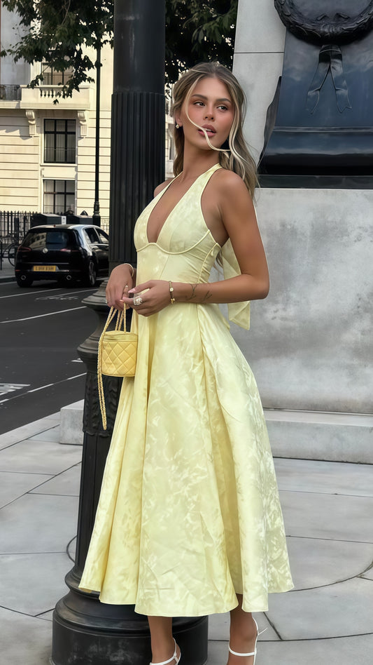 Yellow Halter Floral Print Party Dress, Tea Length Prom Dress,AST1756