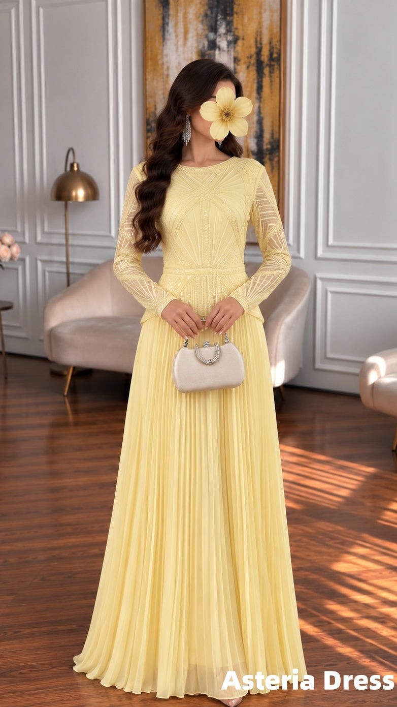 Yellow Sheath Chiffon Long Prom Dresses With Long Sleeves