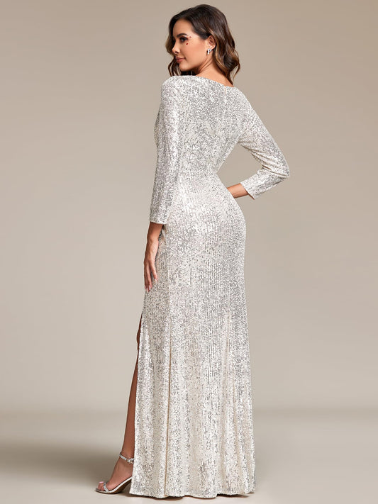 Shinning White V-Neck Prom Dress Long Sleeves Sequins with