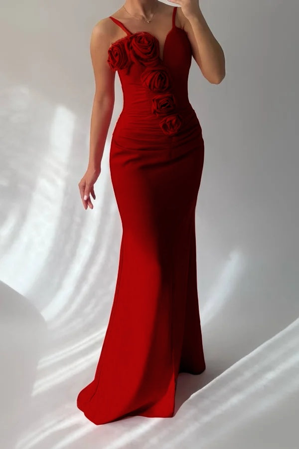 Redtti Strap V-Neck Mermaid Prom Dress Pleated with Flower