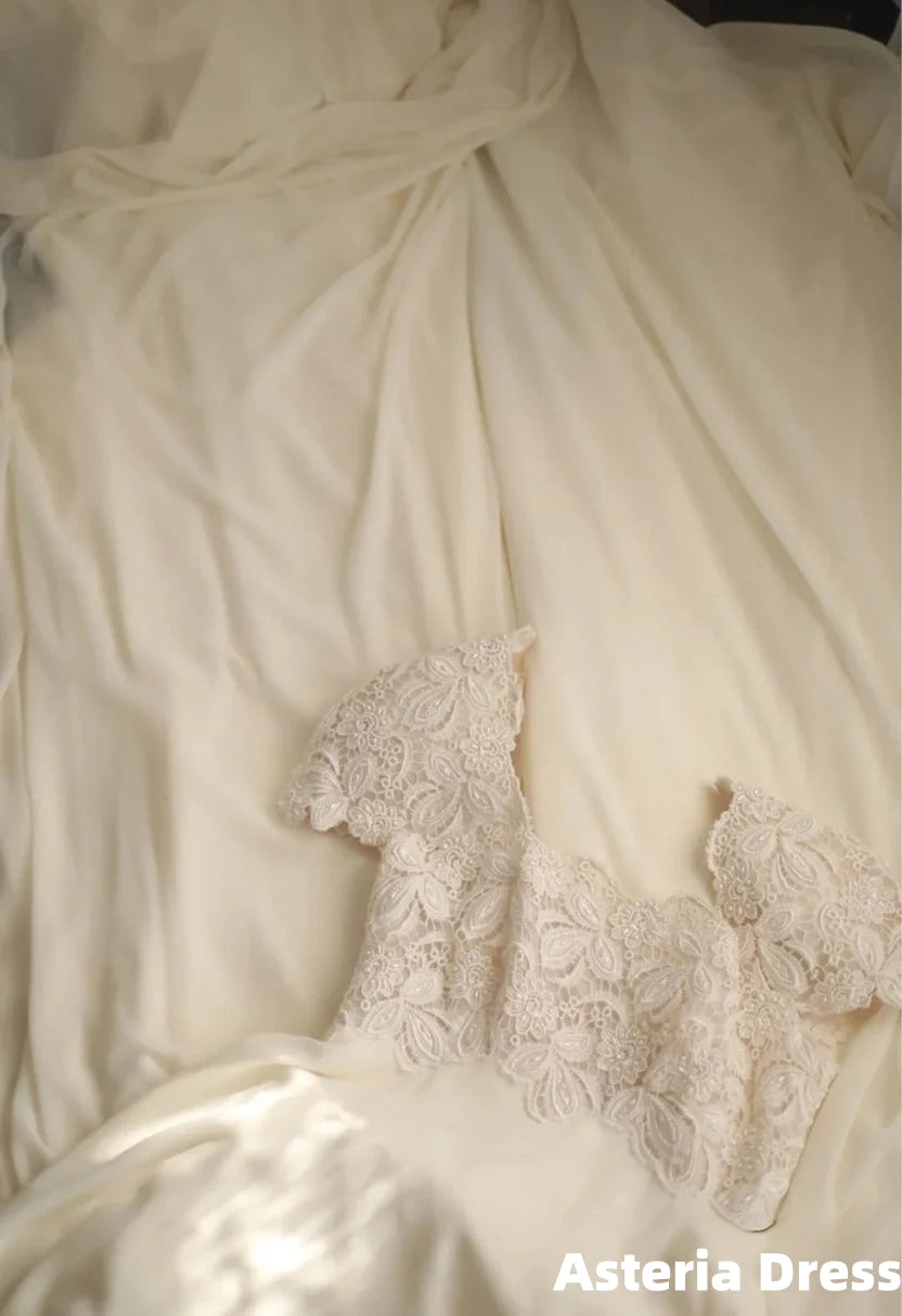 Beige Square Neck Chiffon Lace Empire Dress Long Prom Dress Beaded Wedding Dress