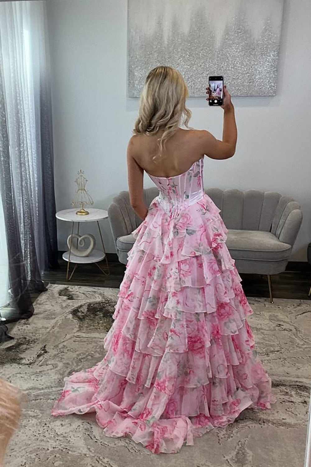 Cute A Line Sweetheart Pink Floral Chiffon Prom Dress with Slit