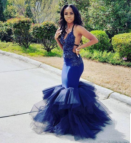 Royal Mermaid African Prom Dress Sexy Spaghetti Straps Open Appliquesed Tiered Tulle Floor Length Evening Dresses