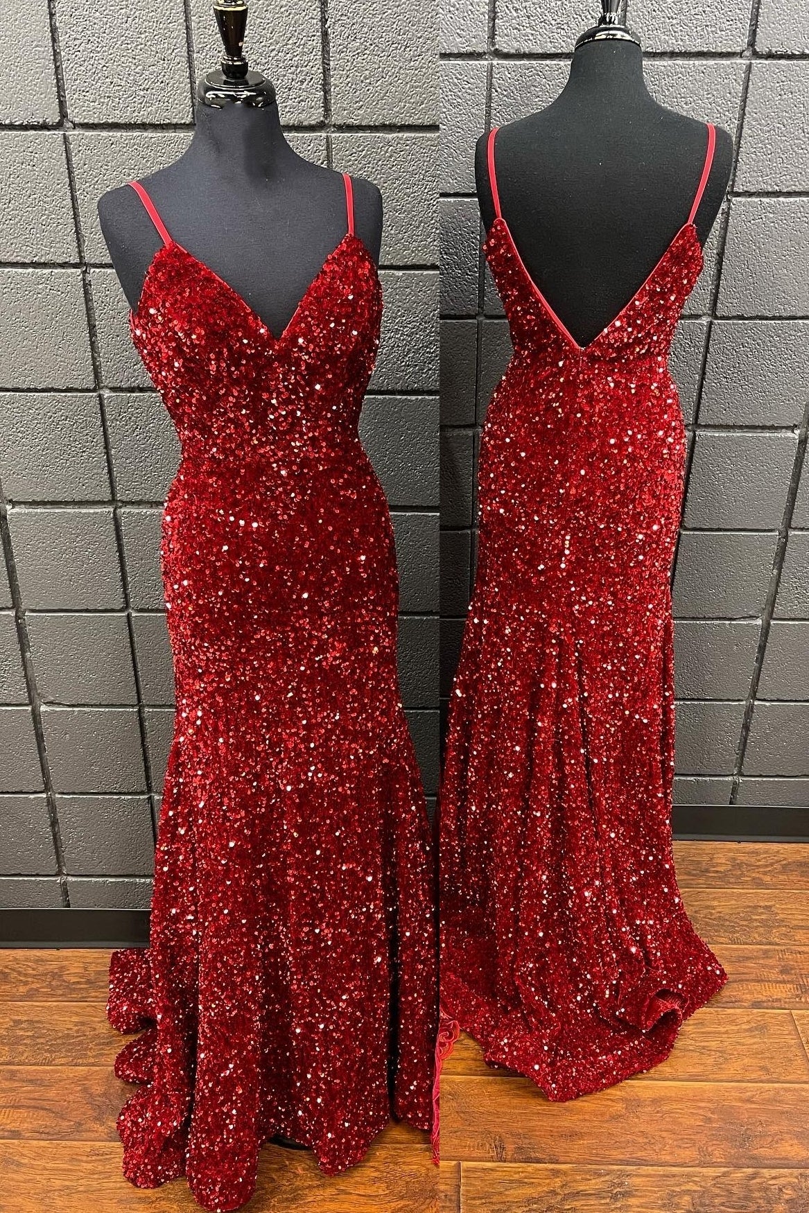 Straps Red Sequin V Neck Mermaid Long Prom Dress
