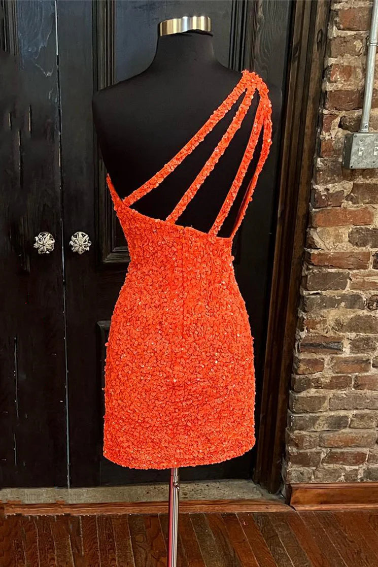 Orange Sequin One Shoulder Fitted Homecoming Dress , AST1172