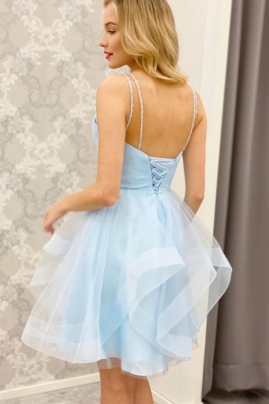 Light Blue A-line Short Ruffles Homecoming Dress,AST1200