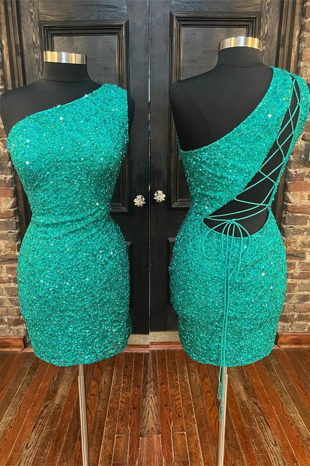 Sparkle Blue Sequin One Shoulder Bodycon Party Dress Homecoming Dresses , AST1176