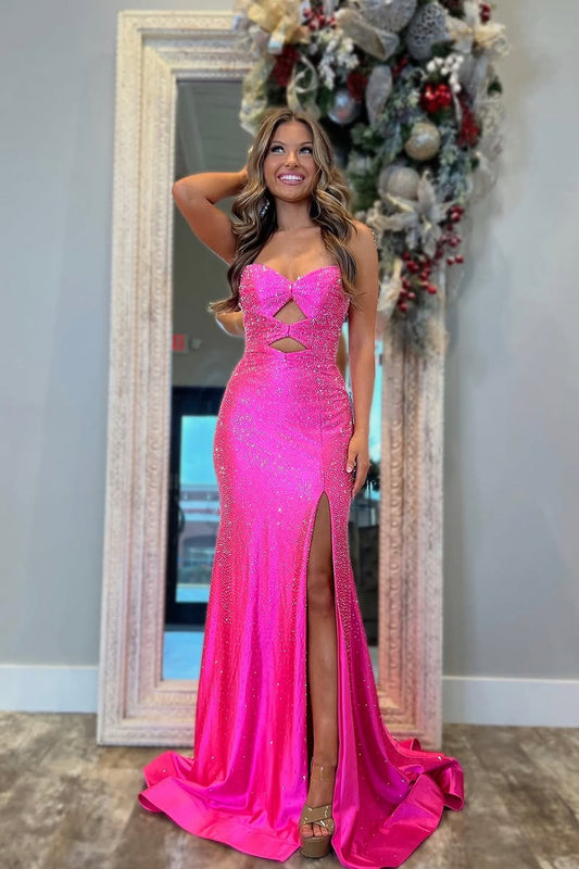 Cute Mermaid Sweetheart Keyhole Pink Satin Long Prom Dress with Sit