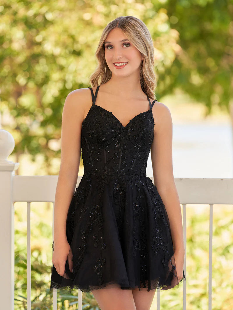 A-Line Lace Spaghetti-Straps Black short Homecoming Dress, AST1082