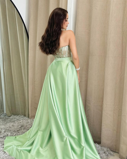 Shining Sage Strapless V-Neck Prom Dress Long Sequins Sheer with