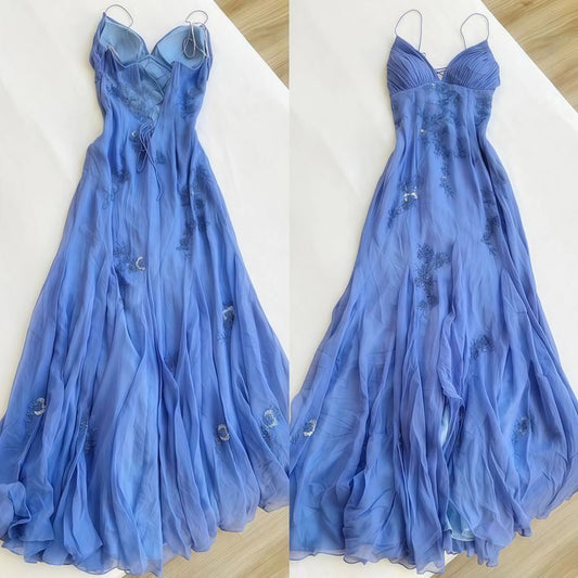 Fairy Blue/Purple Spaghetti Straps Appliques Chiffon Prom Dresses,AST2276