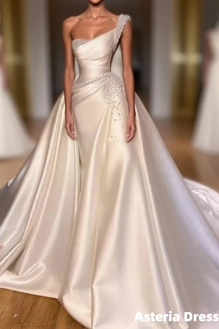 Luxury Satin Wedding Dress Beaded One Shoulder Bridal Dress With Panel Train