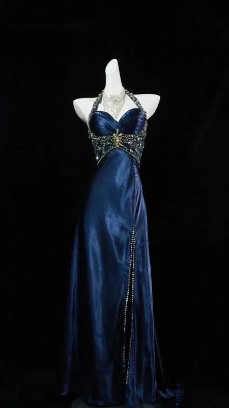 Navy Blue Halter Beaded Prom Dress Long Evening Dress,AST2285