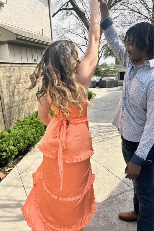 Cantaloupe Orange Corset Tiered Long Party Dresss