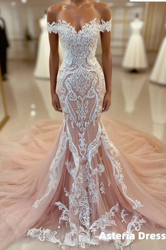 Pink Lace Applique Cap Or Long Sleeves Fishtail/Mermaid Wedding Dress With Train, Formal Prom Gown