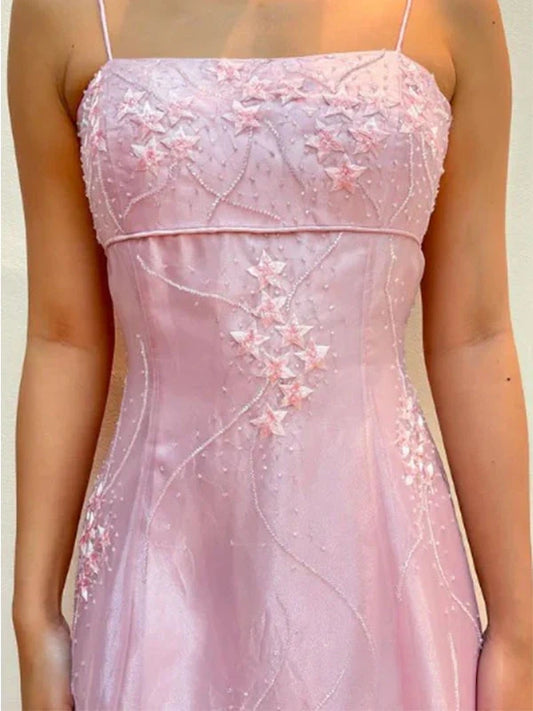 Elegant Pink Floral Appliques Backless A-line Prom Dress, Evening Dress