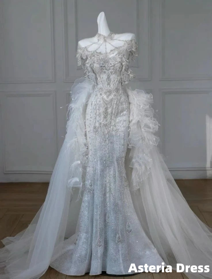 Princess Mermaid Strapless Neckline Sequin White Tulle Wedding Dresses