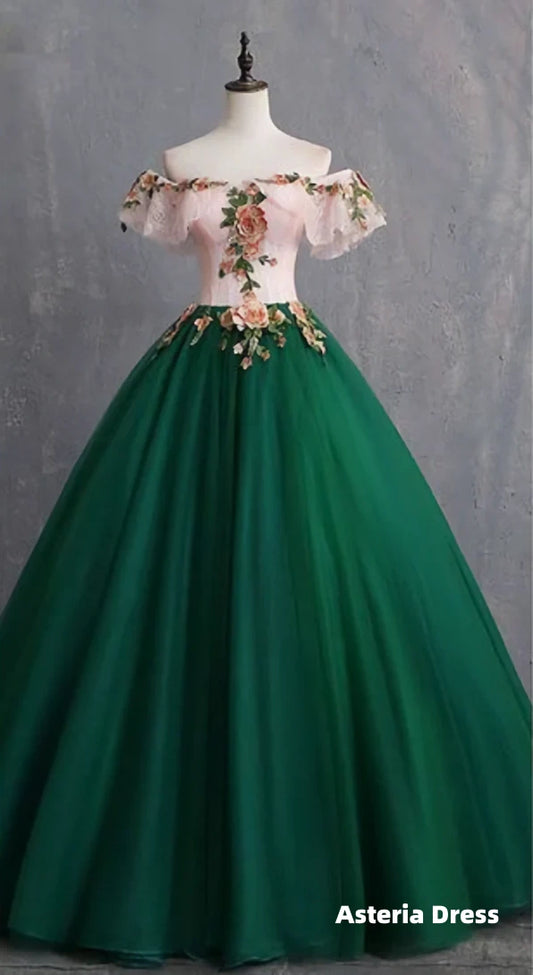 Vintage Dark Green Prom Dresses, Ball Gown Appliques Lace Off The Shoulder Short Sleeve Backless Floor Length Long Formal Dresses