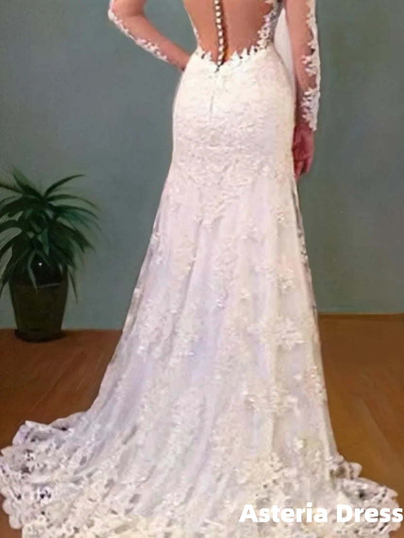 Trumpet/Mermaid V-neck Sweep Train Lace Wedding Dresses With Appliques Lace