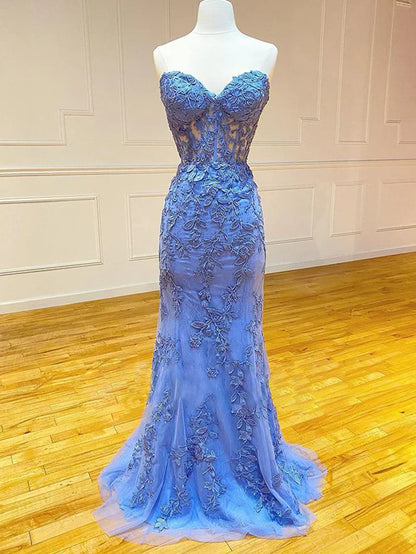 Cute Mermaid Sweetheart Light Blue Lace Long Prom Dresses