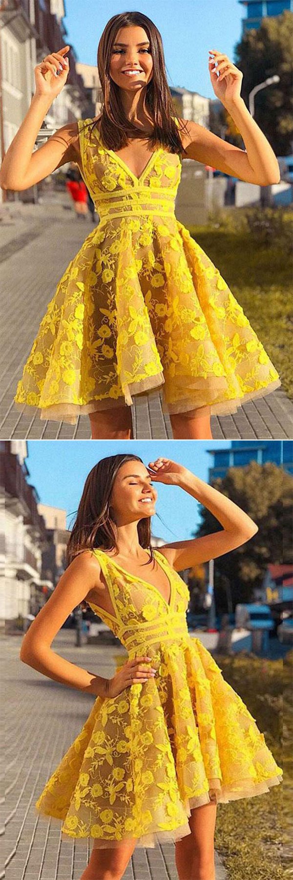Yellow lace short prom dress, yellow homecoming dress