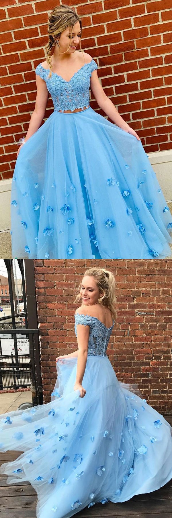 Blue tulle lace off shoulder long prom dress, tulle formal dress