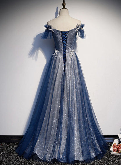 Navy Blue tulle long prom dress blue evening dress