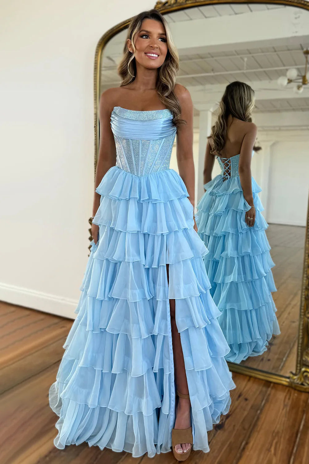 Gorgeous A Line Strapless Daffodil Tiered Chiffon Prom Evening Dresses with Hot Stone