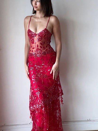 Sexy Red Lace Mermaid Long Prom Dress - V-Neck Evening Gown with Appliques