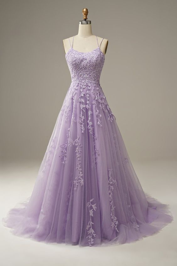 Purple tulle lace long formals