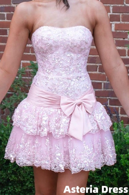 Sweet Pink Applique Lace Homecoming Dress Strapless Ruffle Birthday Party Dresses