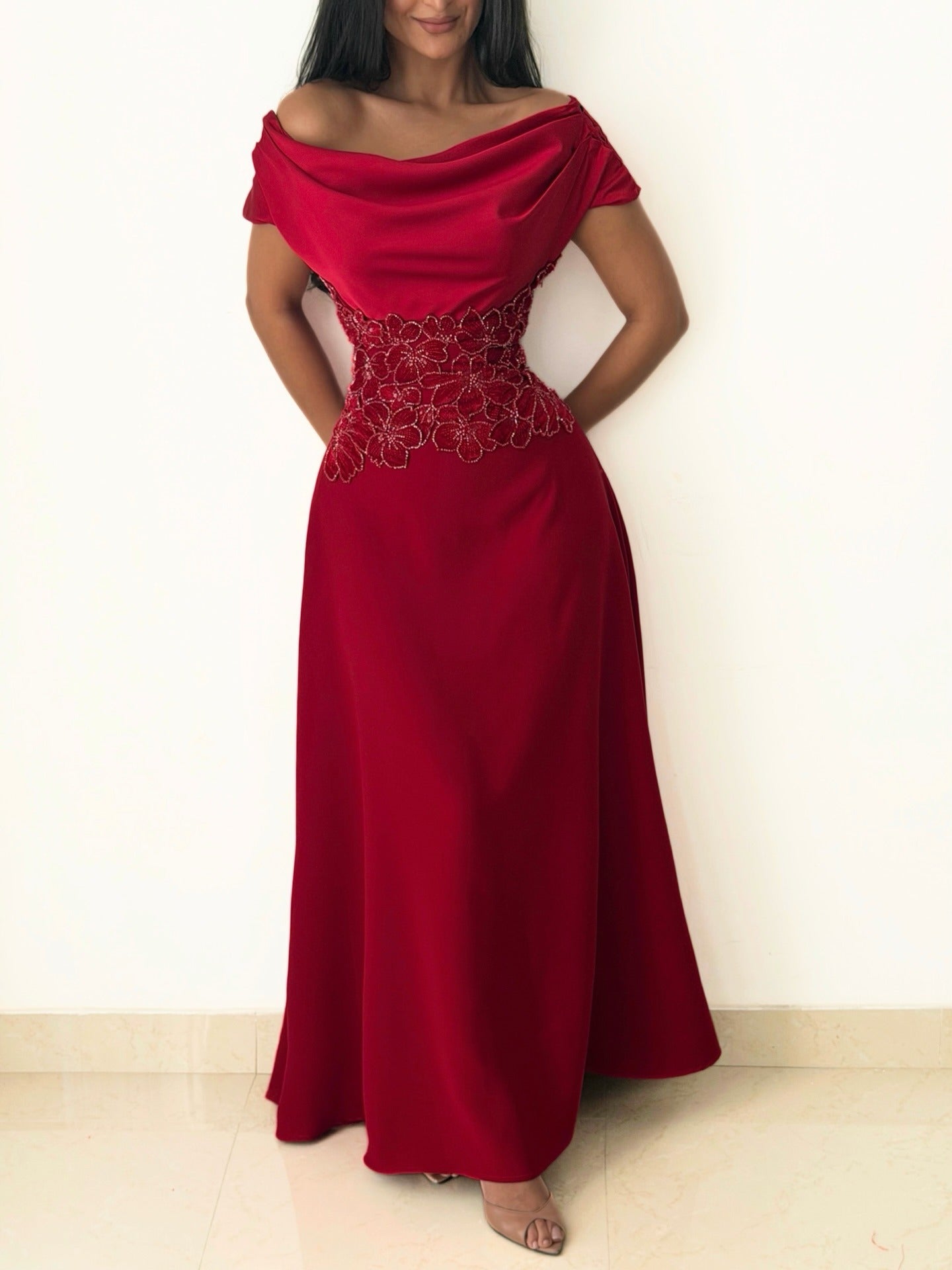 Charming Burgundy Off-the-Shoulder Prom Dress Sleeveless with Beading